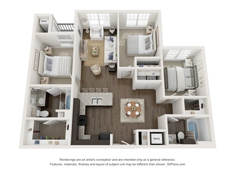 Floor plan for 3 beds, 2 baths, 1132 sqft